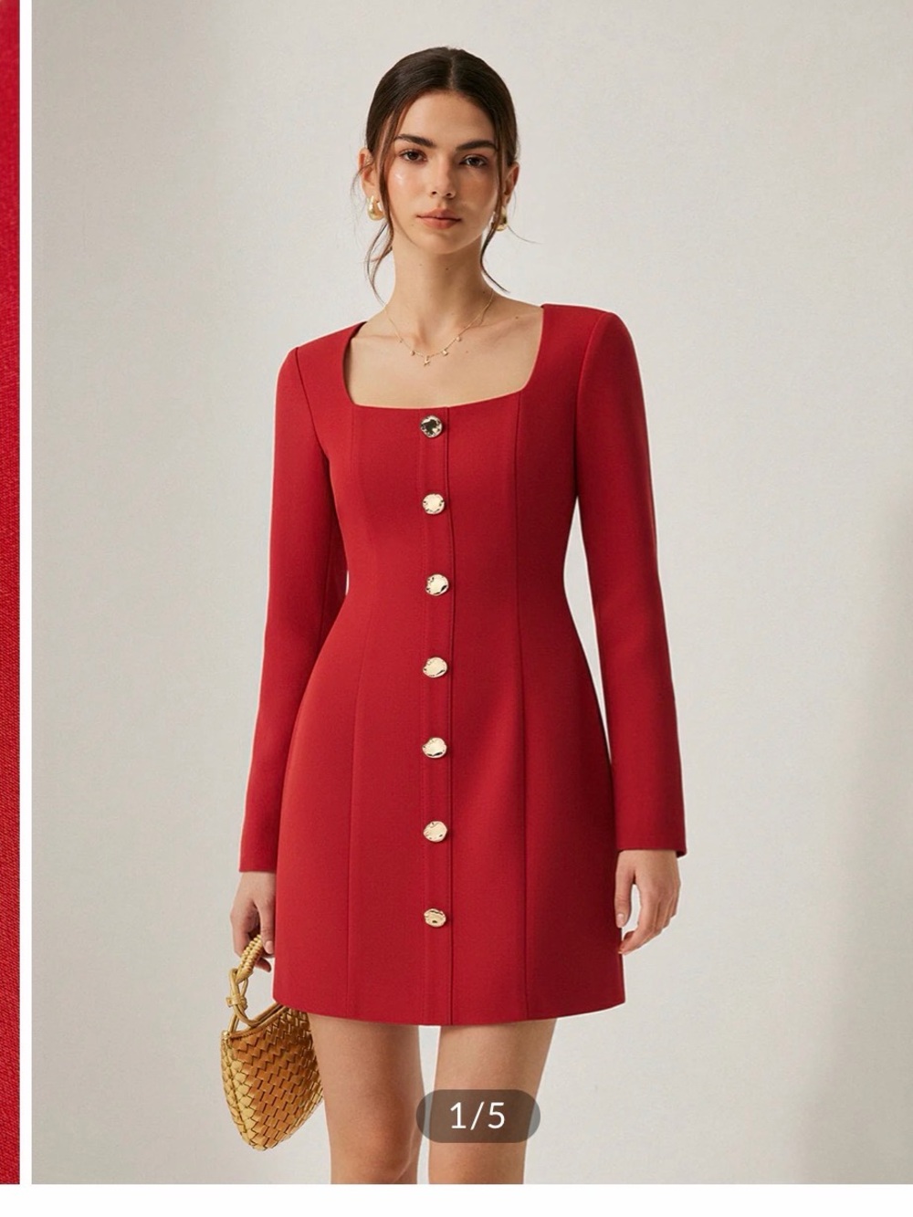 Commense Red Square-Neck Button Front Mini Dress